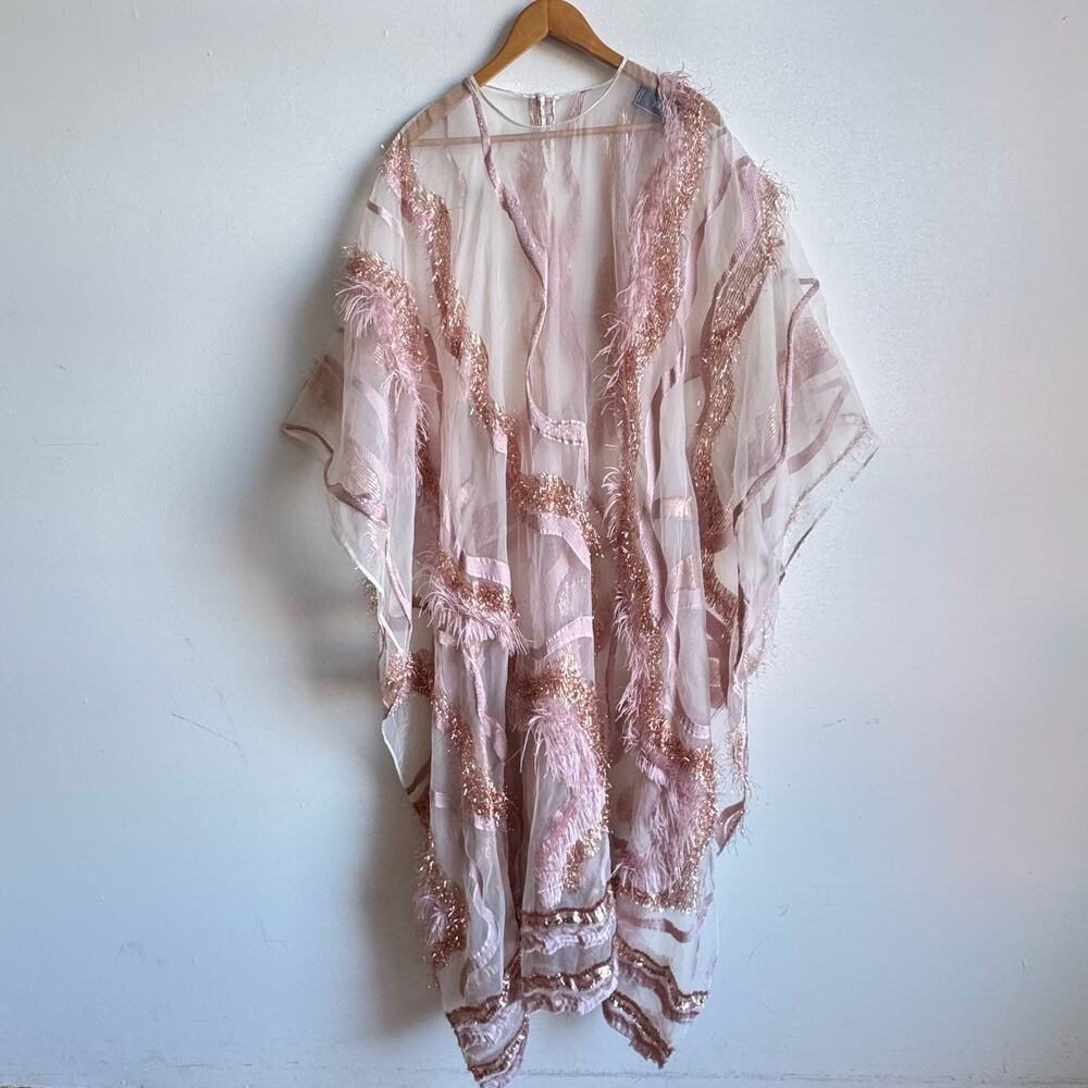 TALLER MARMO Sheer Pink Metallic Fringed Kaftan